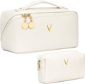 Birthday Gifts for Women Teen Girl, Personalized Initial Makeup Organizer Bag Set, Open Flat Travel Cosmetic Bag With Clear Divider and Handle(Beige,V)