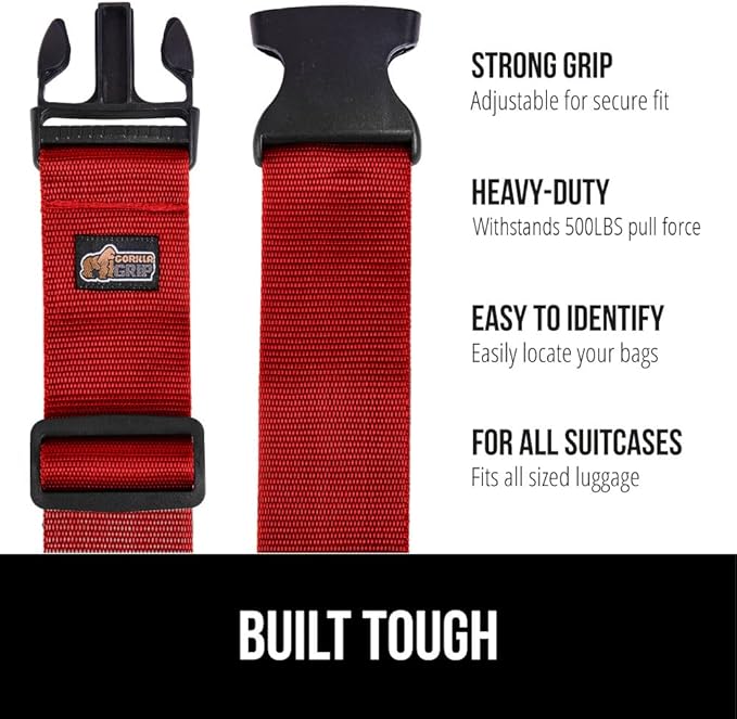 GORILLA GRIP Heavy Duty 4 Pack Adjustable Luggage Straps for Suitcases, Easy to Identify Travel Belt Connector Holds Suitcase Together, Extends Life of Bag, Strap Connects Two Bags, Accessories Red