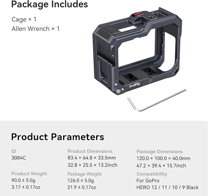 SMALLRIG Hero13 / Hero12 / Hero11 / Hero 10 / Hero 9 Black Cage for GoPro, Compatible with the Lens Filter Max Lens on Camera, with 2 Cold Shoe Mount for Microphone and Led Video Light - 3084C