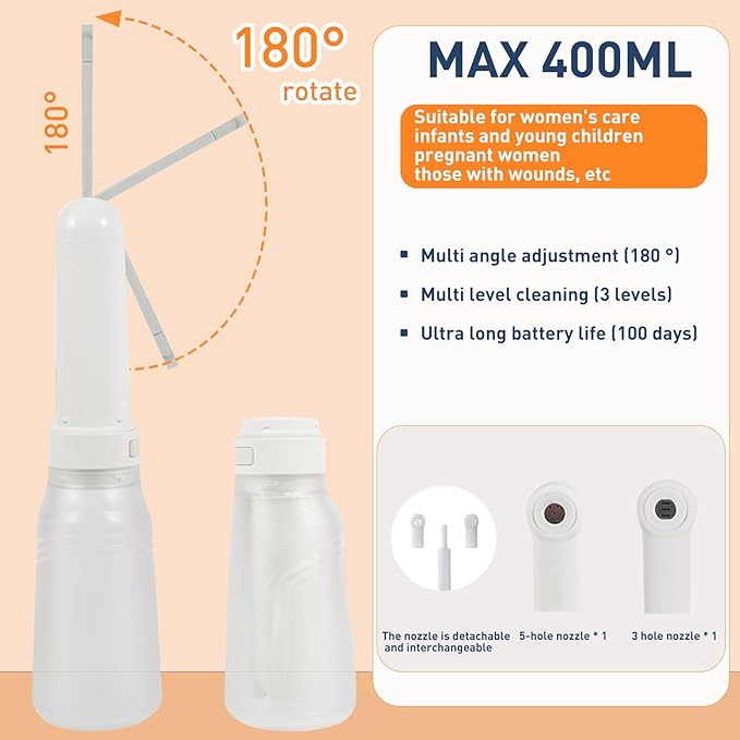 Portable Bidet, Electric Rechargeable Women's Perineal Bottle, 400ml Water Tank, 3 Pressure Modes, with 2 Replaceable Nozzles, Suitable for Men, Women, Babies and Postpartum Cleaning (White)