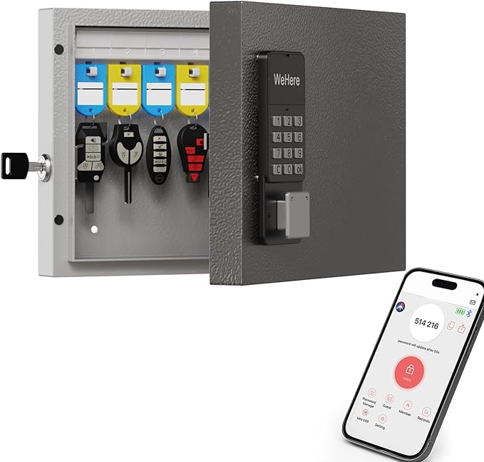WeHere 16 Key Lock Box Wall Mount, APP Bluetooth/OTP/Wi-Fi/Fixed Code/Key Unlock, Smart Key Cabinet with Key Tag, Key Organizer Holder Box, Key Management Directory for Office, Valet, Realtor, Hotel