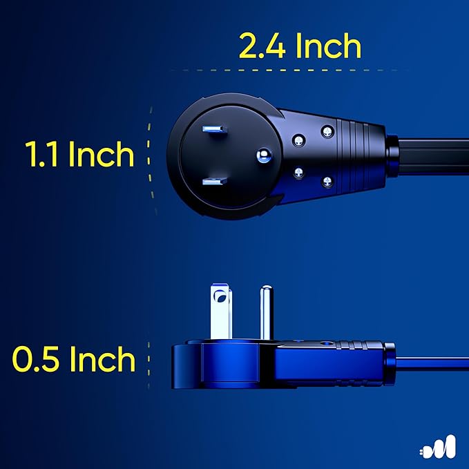 Maximm Cable 1 Ft 360° Rotating Flat Plug Extension Cord/Wire, 16 AWG Multi 3 Outlet Extension Wire, 3 Prong Grounded Wire - Black - UL Certified