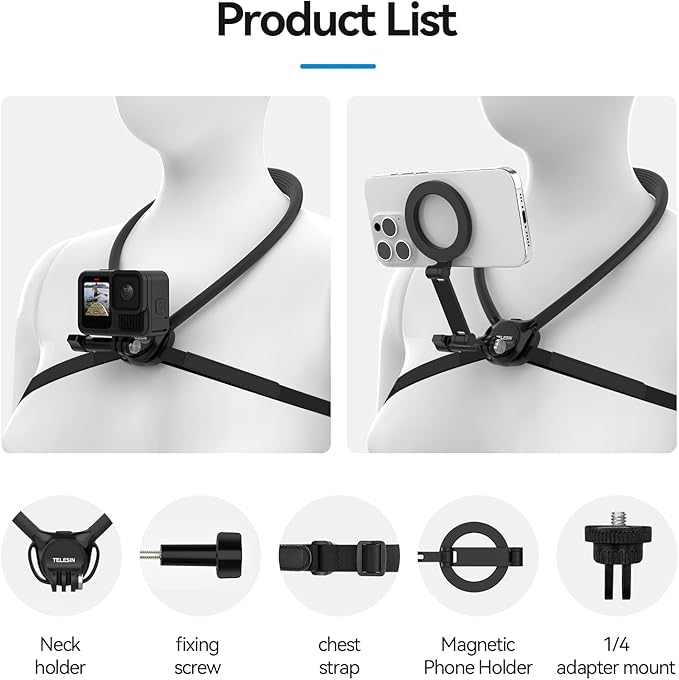 TELESIN Neck Mount Se 2.0 Combo Set, Magnetic Phone Holder for iPhone Android, Chest Strap Hand Free POV Video Phone Stand for iPhone 16 15 14 13 12 Samsung Android Action Cameras