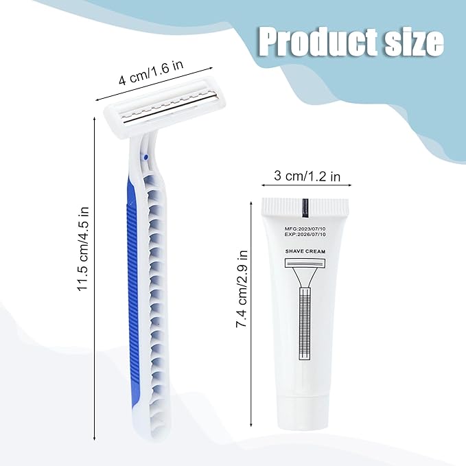 Disposable Razors in Bulk Pack of 120,Blue Disposable Shaving Razors Individual Wrapped Twin Blade Bulk Disposable Razors with Clear Cap and 10g Shaving Cream for Homeless,Hotel,Travel,Charity,Shelter