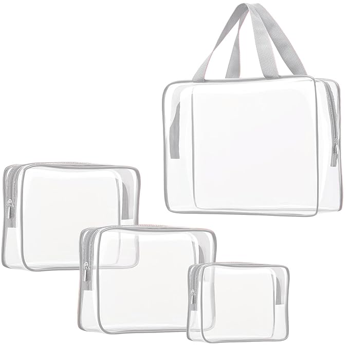 4Pcs Crystal Clear PVC Travel Toiletry Bag Kit for Women Men, Waterproof Vinyl Packing Organizer Storage Bags with Zipper Handle Straps, Cosmetic Pouch Carry on Airport Airline Compliant Bag Handbag