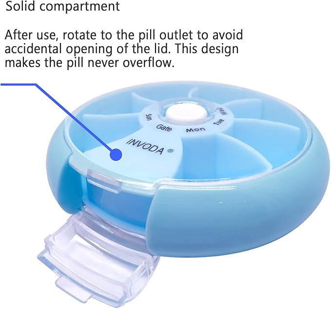INVODA Weekly Pill Organizer 7 Compartment Rotating Pill Box for Daily Medication & Vitamins - Portable Travel Pill Case Fish Oil Supplements Vitamins Organizer (Pink+Sky Blue+Green)