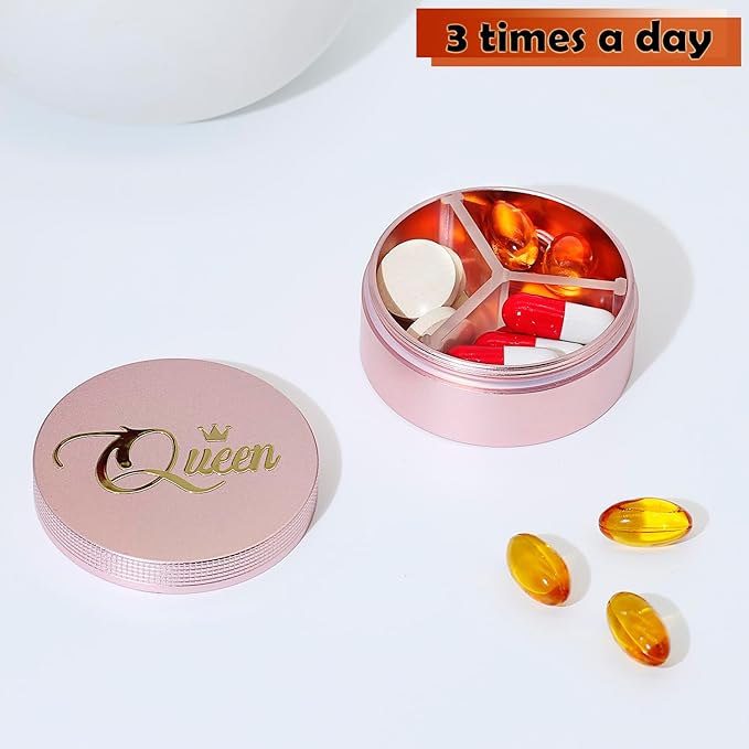 Small Pill Case 3 Compartments, Metal Round Portable Pill Box, Waterproof Travel Pill Organizer, Pocket Purse Medicine Vitamin Holder EDC Container (Rose Gold with Queen)