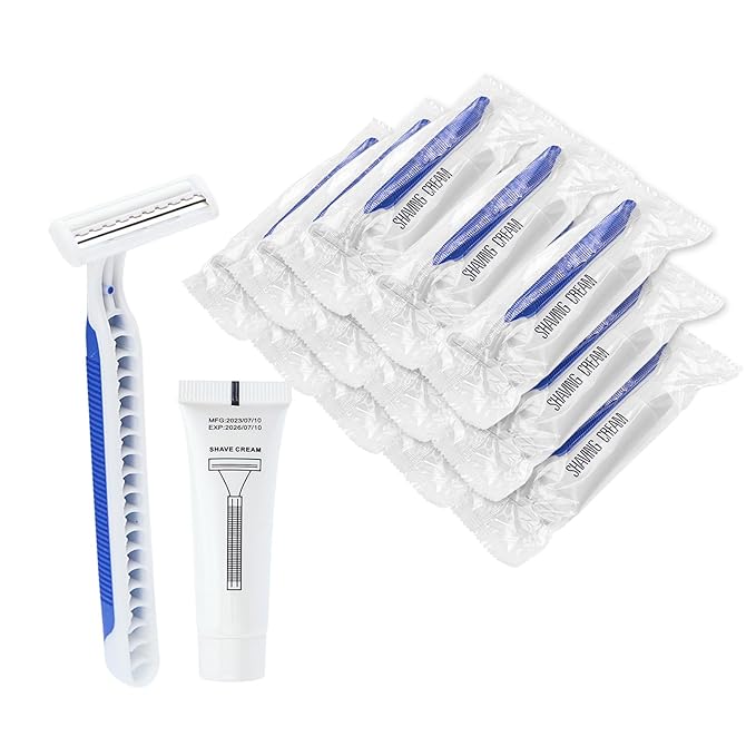 Disposable Razors in Bulk Pack of 120,Blue Disposable Shaving Razors Individual Wrapped Twin Blade Bulk Disposable Razors with Clear Cap and 10g Shaving Cream for Homeless,Hotel,Travel,Charity,Shelter