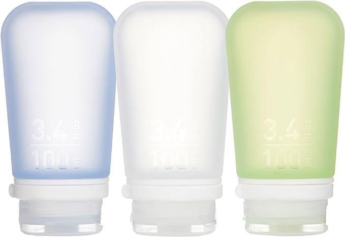 humangear GoToob+ 3-Pack (Large) | Refillable Silicone Travel Bottle | Locking Lid | Food-Safe Material, Clear/Green/Blue, Large (3.4 fl.oz.; 100ml)