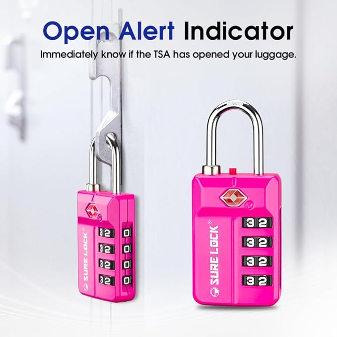 SURE LOCK TSA Approved 4-Digit Resettable Combination Luggage Locks with Open Alert, Easy-Read Dials - for Luggage, School Lockers, Gym, Office, Toolbox & Security Cases (Pink 2 Pack)