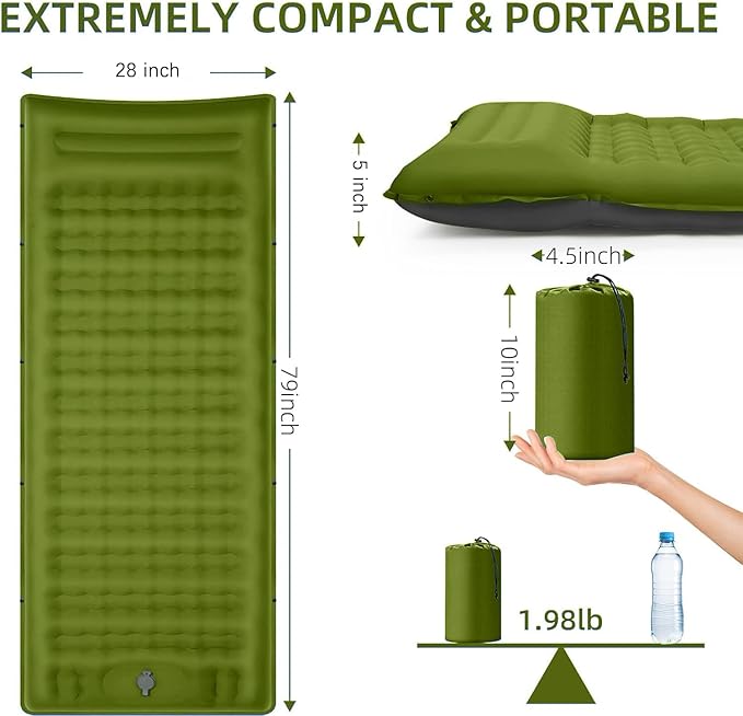 Camping Sleeping Pad, Extra Thick 5 Inch Camping Mat with Pillow Built-in Foot Pump Inflatable Sleeping Pads Compact for Camping Backpacking Hiking Traveling Tent（Military Yellow）