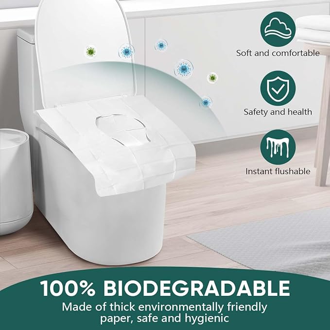 90 Pcs Disposable Flushable Paper Toilet Seat Covers Travel Supplies Essentials for Airplane, Public Restrooms, Bathroom, Hotels, Camping, Kids or Adults