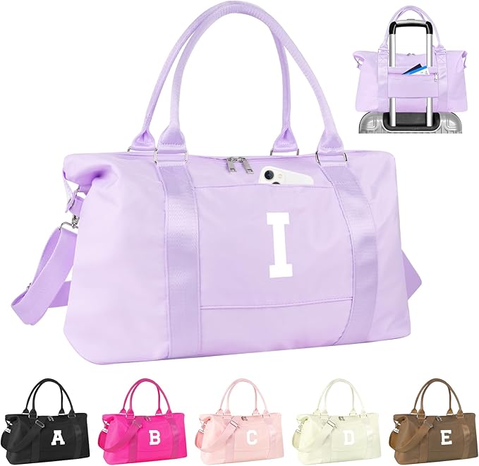 Daughter Niece Gifts for Teen Girl Kids, Initial Travel Duffel Bag Sports Gym Bag Personalized Gifts Weekender Bag，Monogram Overnight Bag Cute Dance Bag Birthday Bridesmaid Gifts for Women(Purple, I)
