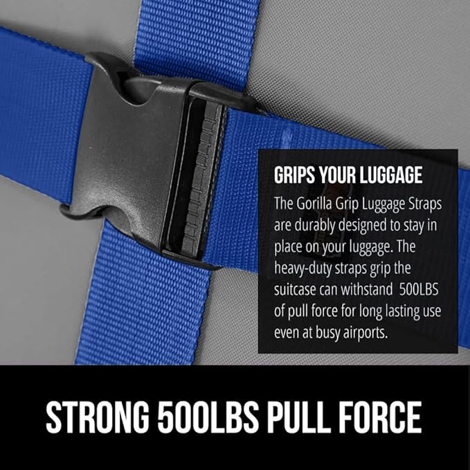 GORILLA GRIP Heavy Duty 4 Pack Adjustable Luggage Straps for Suitcases, Easy to Identify Travel Belt Connector Holds Suitcase Together, Extends Life of Bag, Strap Connects Two Bags, Accessories Blue
