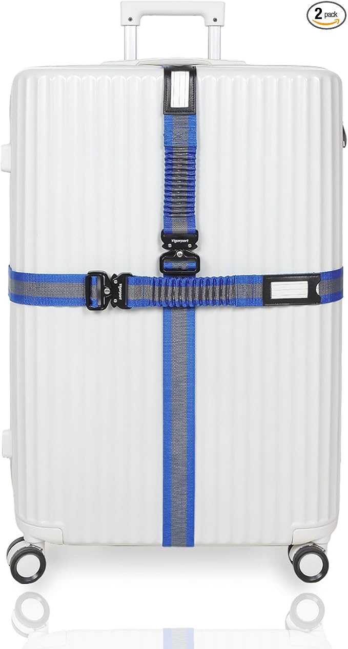 Vigorport Luggage Straps for Suitcases 2 Pack, Heavy Duty Metal Buckle Luggage Belt Strap, TSA Approved Suitcase Belt, Stretchable Travel Strap for Luggage (Blue, 42"-72" Long)