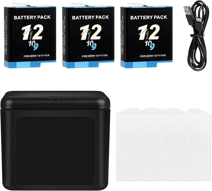 Battery Charger Kits for GoPro Hero 12 11 10 9 Black, 3-Pack 2000mAh Replacement Batteries + Triple Charge Case with Type-C Charging Cord for Go Pro 12 11 10 9 Official Batteries Accessories