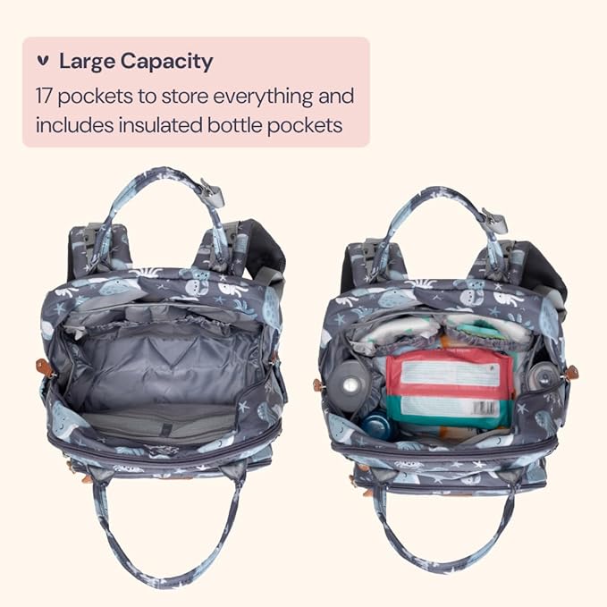 BabbleRoo Diaper Bag Backpack - Baby Essentials Travel Tote - Multi Function Water Resistant Diaper Bag, Travel Essentials Baby Bag with Changing Pad, Stroller Straps & Pacifier Case - Sea Animals