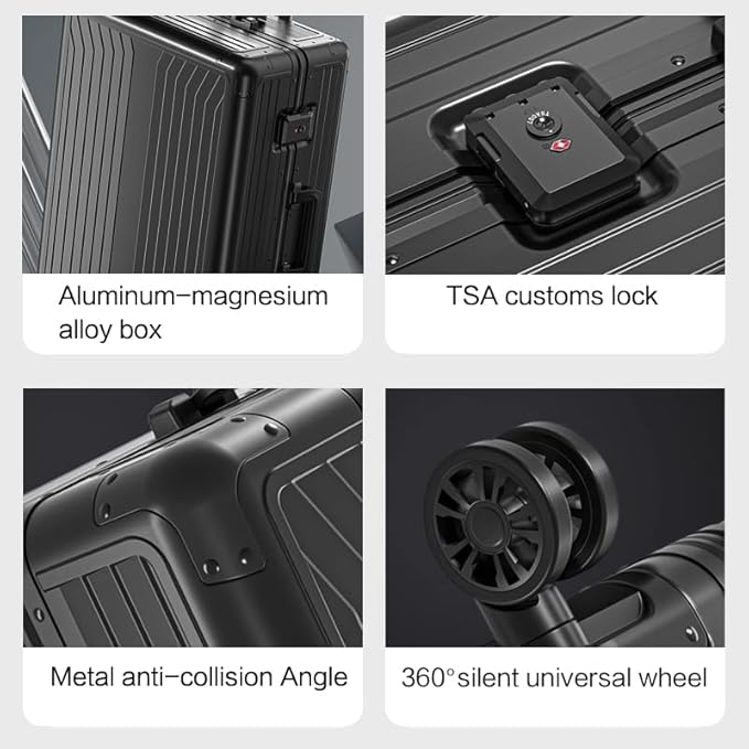 Metal all aluminum carry-on suitcase 20 "hard face, TSA lock and rotating wheel zippered luggage set (blue, 28 '')