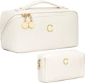Birthday Gifts for Women Teen Girl, Personalized Initial Makeup Organizer Bag Set, Open Flat Travel Cosmetic Bag With Clear Divider and Handle(Beige,C)