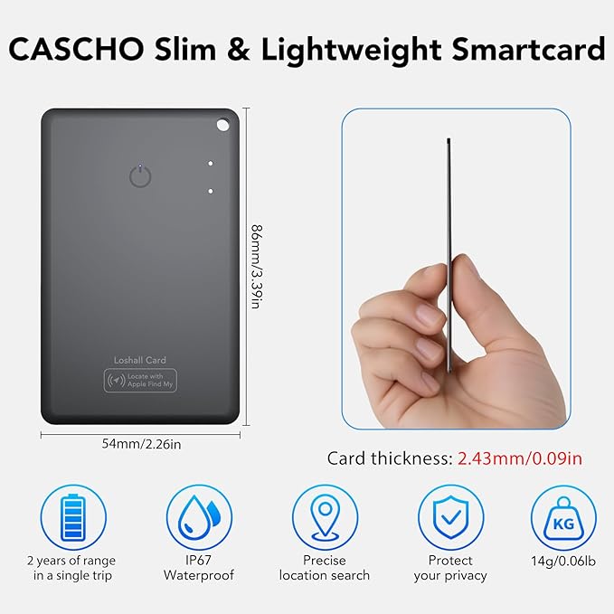 CASCHO Smartcard - Wallet Tracker Card, Compatible with Apple Find My App, Waterproof and Splash-Proof, Keys Finder and Item Locator for Passport, Bags, Laptop, Black 2 Pack