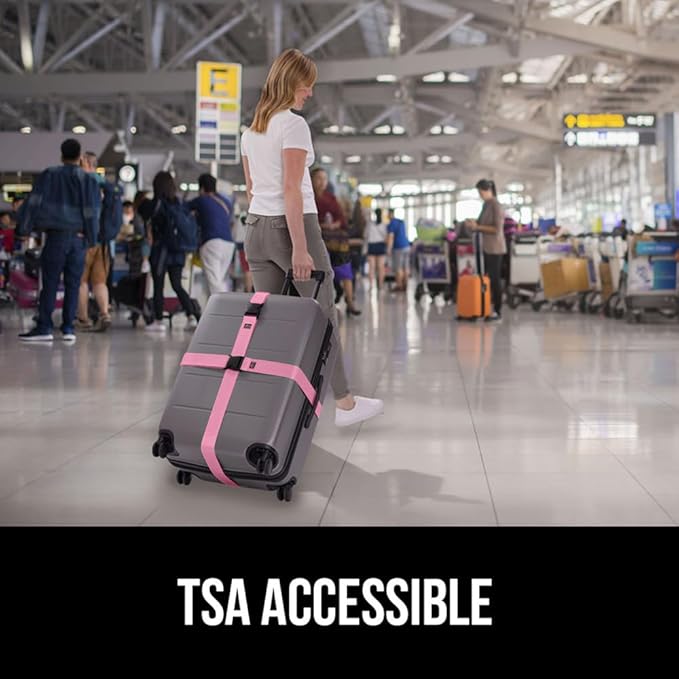 GORILLA GRIP Heavy Duty Adjustable Luggage Straps for Suitcases, Easy to Identify Travel Belt Connector Holds Suitcase Together, Extends Life of Bag, Strap Connects Two Bags, Accessories 2 Pack Pink