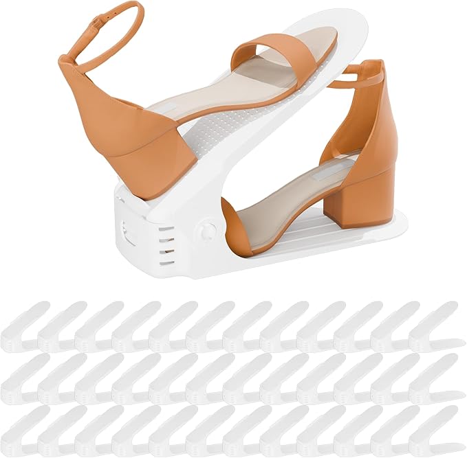 Shoe Slots Organizer, 36PCS Adjustable Double Layer Stack Shoe Rack, 50% Space-Saving Storage Rack Holder, White