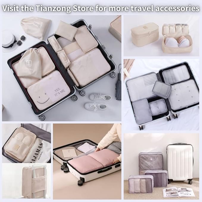 tianzong Compression Packing Cubes for Suitcases, Luggage Organizer Bags Set for Travel (Beige, 2 Pack Medium)