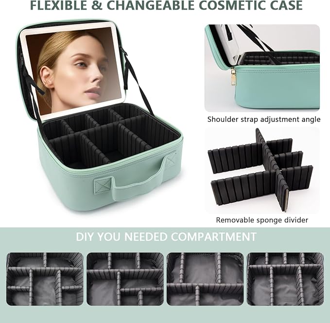 Travel Makeup Bag,with Mirror 3 Color Setting and Detachable 10x Magnifying Mirror Travel Makeup Bag,Portable Storage and Adjustable Dividers （light green）