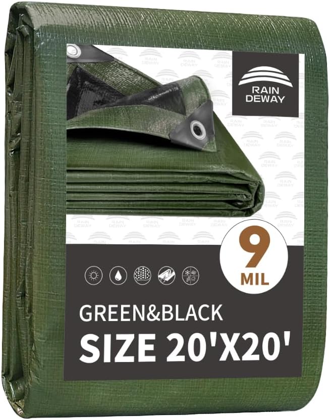 20x20 Feet Tarp Waterproof,9Mil Thick,Finished Size Tarps,UV Resistant,Durable,Multipurpose Poly Tarp Cover with Metal Grommets and Reinforced Edges,Green/Black by RAINDEWAY