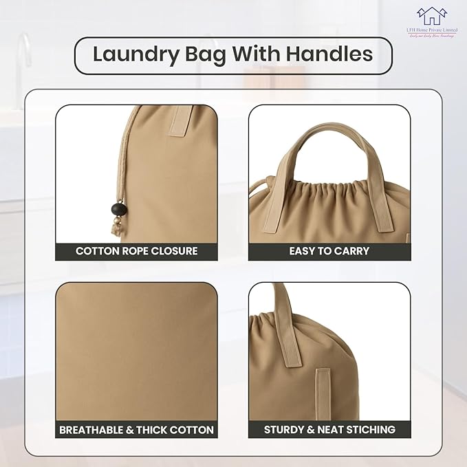 LFH Home Cotton Canvas Large Laundry Bag with Handle, Heavy Duty Drawstring Closure Washable Laundry Bags, School Travel, Home, Hotel, College Dorm, Organizer Sack, Toys Clothes 28x40-Beige