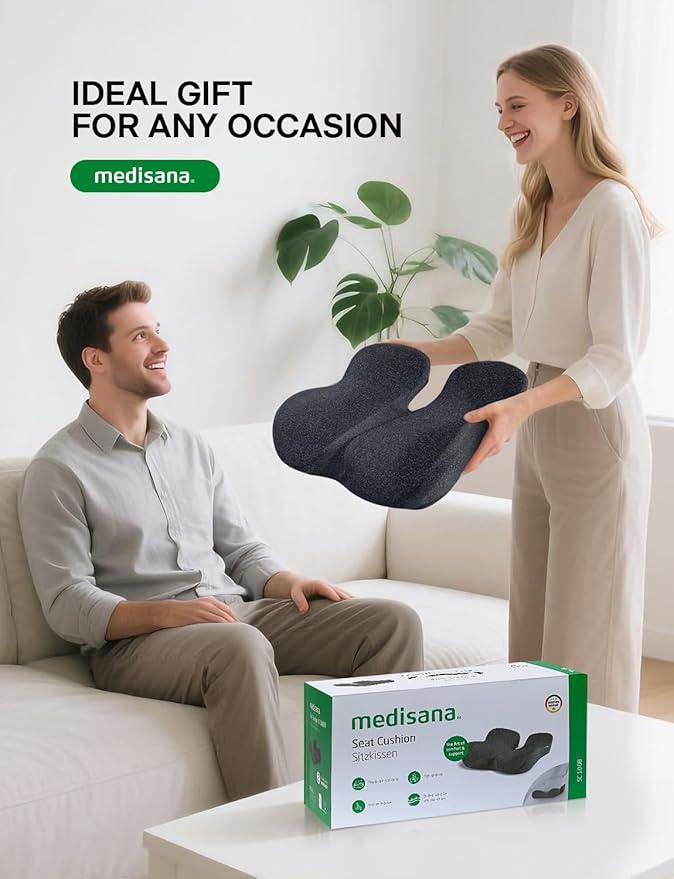 Medisana Seat Cushion, SC 100B Seat Cushions for Office Chairs, Car Seat, Wheelchair - Sciatica & Tailbone & Coccyx Pain Relief Pillow for Driver Sedentary People（Size:17 * 14.6 * 3.54 in-Black