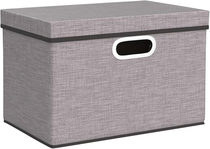 PRANDOM Foldable Storage Boxes with Lids [3-Pack] Linen Fabric Collapsible Storage Bins Organizer Containers Baskets Cube with Cover for Home Bedroom Closet Office Nursery (14.9x9.8x9.8)