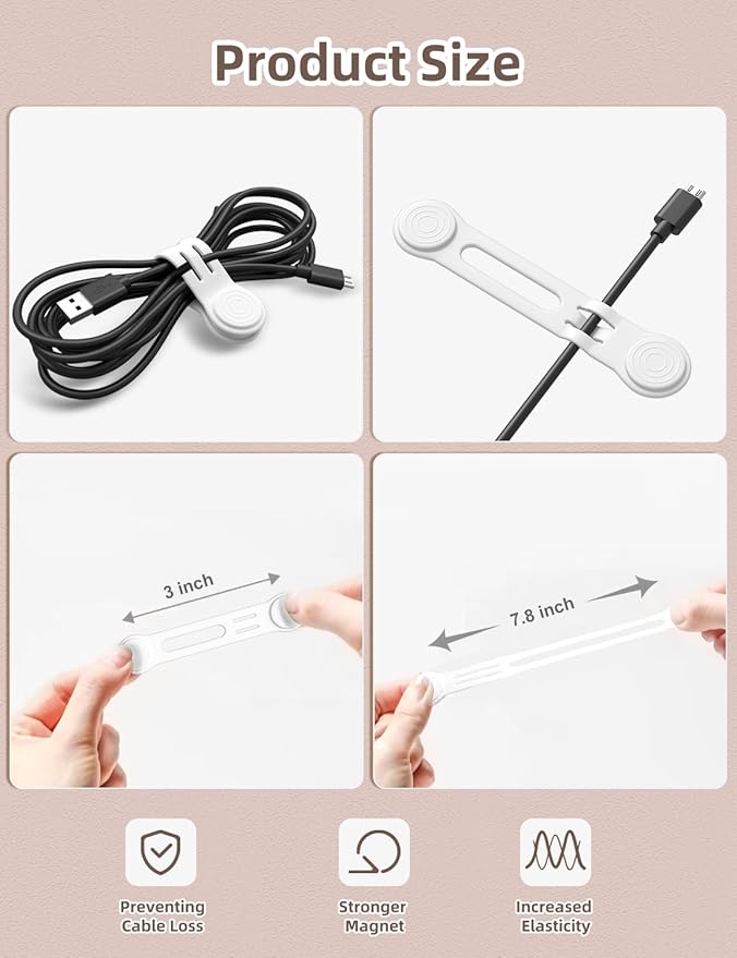 Kanemc Magnetic Ties For Cords, Cord Wrap Silicone Zip Ties Twist Ties Magnet Strap For Charging Cords Date Cable Earphone Video Game USB (8-Pack, Black And White)