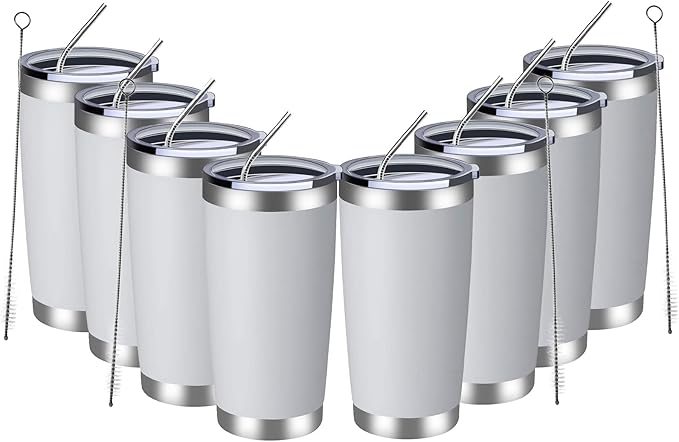 MEWAY 20oz Tumbler 8 Pack Double Wall Vacuum Insulated Travel Mug Bulk, Stainless Steel Tumblers with Lid and Straw, Durable Powder Coated Coffee Cups for Cold & Hot Drinks (White, 8)