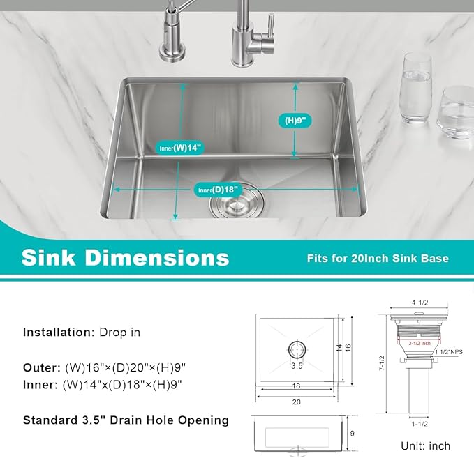 20 x 16 Inch Undermount Kitchen Sink, 304 Stainless Steel Single Bowl Small Kitchen Bar Sink Undermount, Brushed Nickel