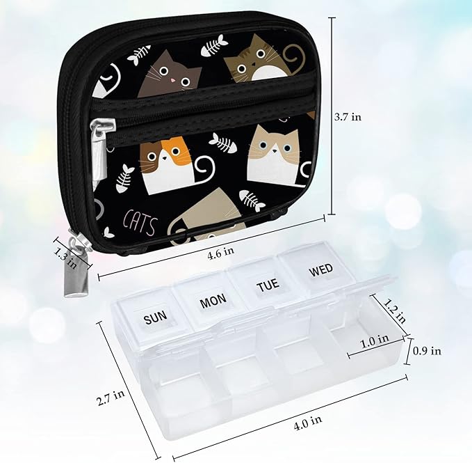 Serfeymi Weekly Travel Pill Organizer Pill Case for Purse with Removable 7 Day Pill Box, Fashionable Travel Medicine Organizer Pill Container for Medicine, Vitamin, Supplement - Black 03
