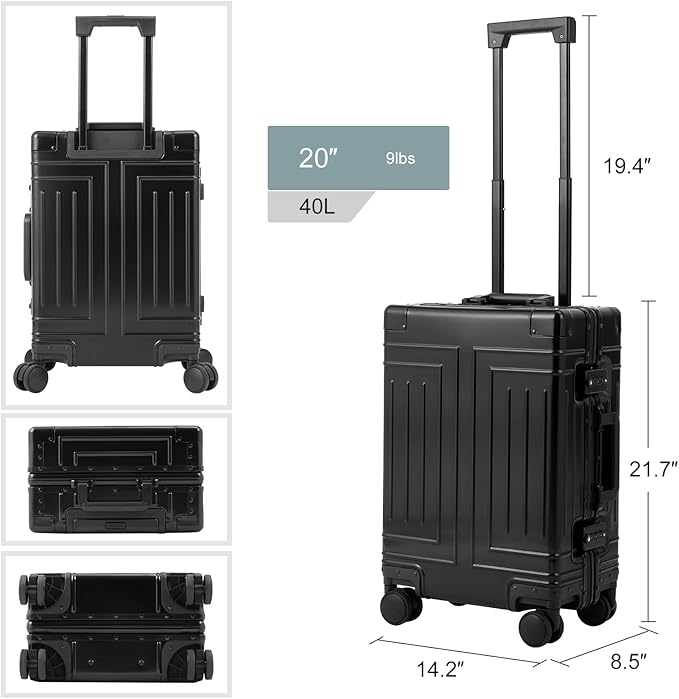 All Aluminum Magnesium 20/28 Luggage set ，Cut from Whole Aluminum Sheet，22x14x9 Airline Approved ，（3rd Generation，Premium Magnesium Metal zipperless suitcase ） (black, 20+28inch)