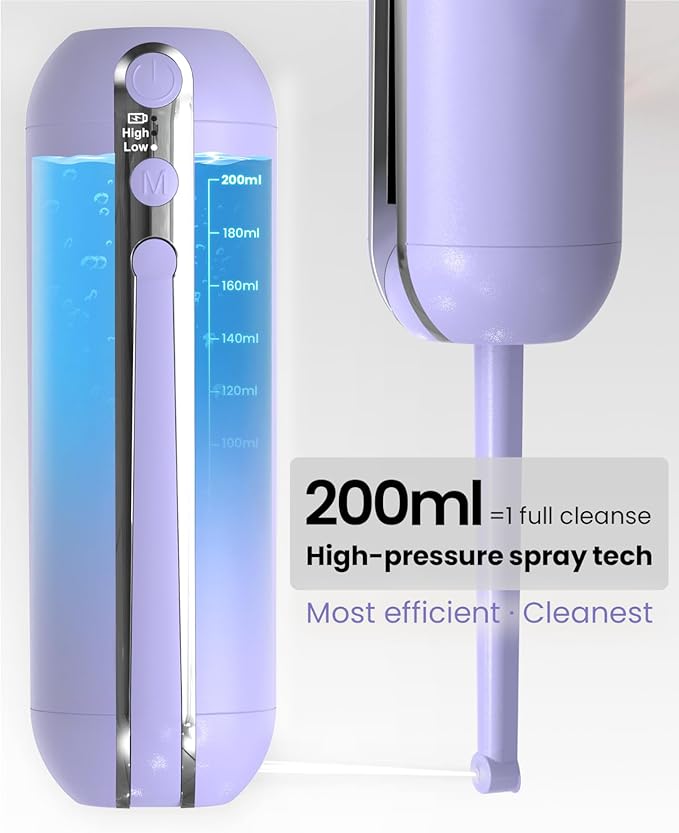 Electric Portable Bidet for Travel, Rechargeable USB-C Handheld High Pressure Sprayer, Camping 6.8oz Smart Foldable Water Storage, 2000mAh Battery Long Life, Personal Cleaner for Men & Women (Purple)