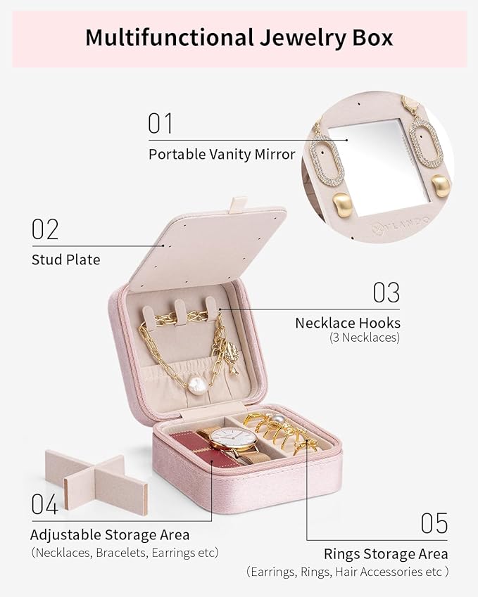 Vlando Mothers Day Gifts for Mom Travel Jewelry Case for Girl Women, A Initial Jewelry Case, Mini Jewelry Travel Organizer Travel Essentials for Travel Gift Teen Girls - Letter A, Pink