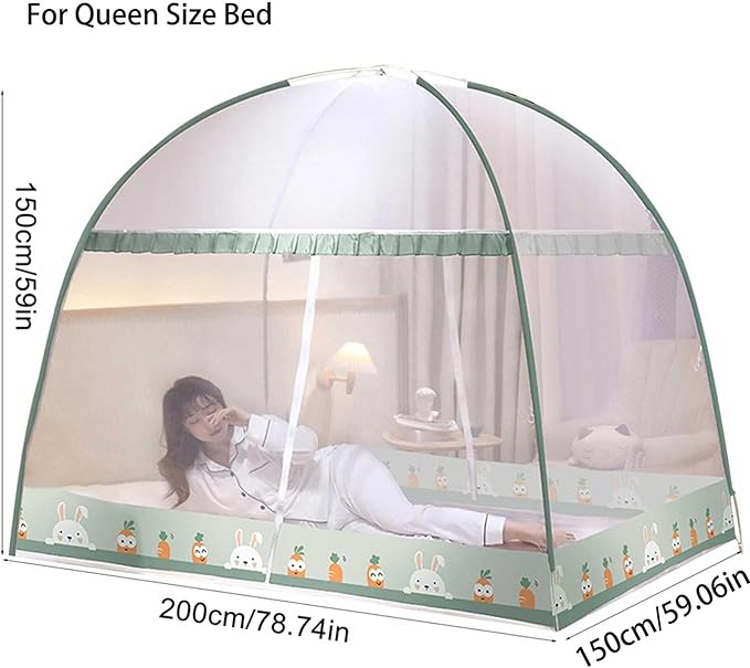 Pop-Up Mosquito Net Tent for Beds Portable Folding Canopy with Net Bottom, Fits Twin to King Size 79x71x59inch, Easy Install Wash for Baby Adults, Indoor Outdoor Use (Pink Rabbit-Queen Bed)