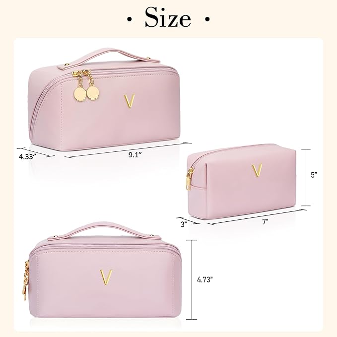 Birthday Gifts for Women Teen Girl, Personalized Initial Makeup Organizer Bag Set, Open Flat Travel Cosmetic Bag With Clear Divider and Handle(Pink,V)