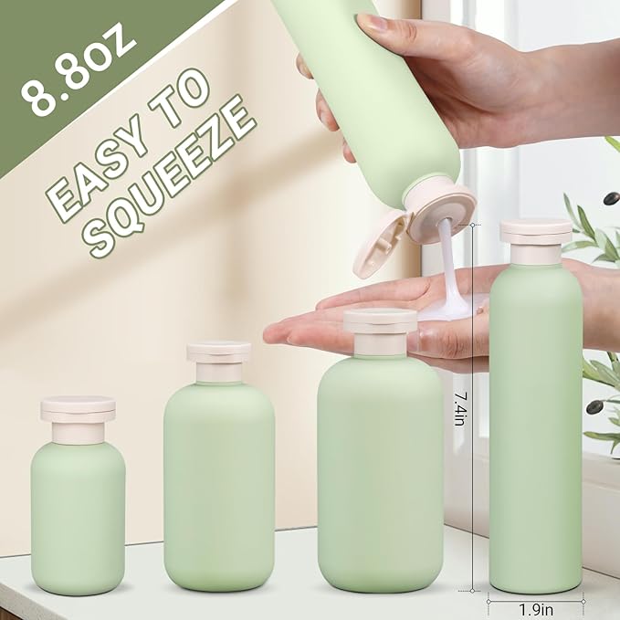 ASEVAT 8.8oz 4Pcs Plastic Refillable Travel Shampoo And Conditioner Bottles With Flip Cap