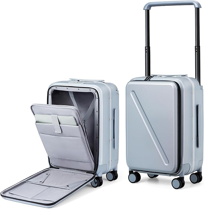 MILADA Wide Handle Carry On Luggage with Front Pocket Hardshell 20 Inch Front Opening Luggage with Spinner Wheels TSA Lock Aluminium Suitcase Airline Approved Carry-On Travel Luggage, Grey