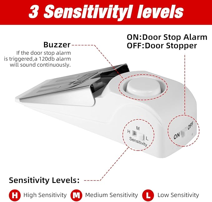 Portable Door Stop Alarm and Traveling Hotel Door Lock, No Installation Required, Provides Double Security for Home, Hotel and Traveling (1 Door Lock + 2 Door Stop)
