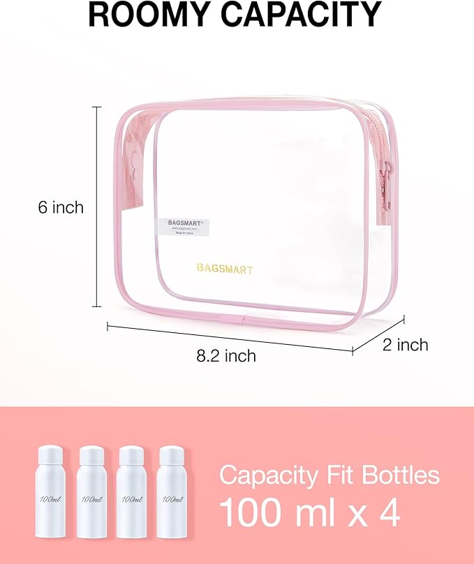 BAGSMART Clear Toiletry Bag, 2 Packs TSA Approved Water resistant Quart Size Travel Organizer, Airport Airline Travel Essential Carry On Makeup Cosmetic Bags for Women, Pink