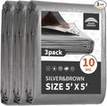 RAINDEWAY Small Tarps Heavy Duty Waterproof 5x5 Feet (3 Pack), 10Mil Multipurpose Poly Tarp Cover with Metal Grommets and Reinforced Edges, Silver/Brown Tarp
