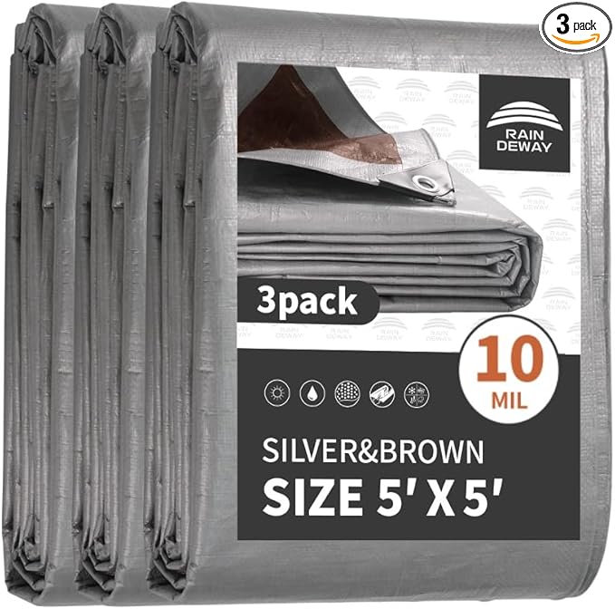 RAINDEWAY Small Tarps Heavy Duty Waterproof 5x5 Feet (3 Pack), 10Mil Multipurpose Poly Tarp Cover with Metal Grommets and Reinforced Edges, Silver/Brown Tarp