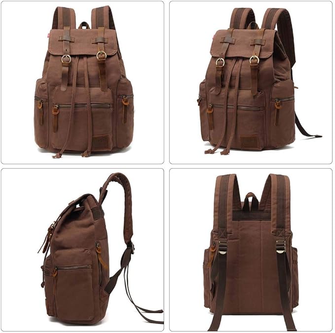 AUGUR High Capacity Canvas Vintage Backpack - for School Travel 12-15" Laptop Backapcks for Men Casual Daypacks Rucksack (M-Coffee)