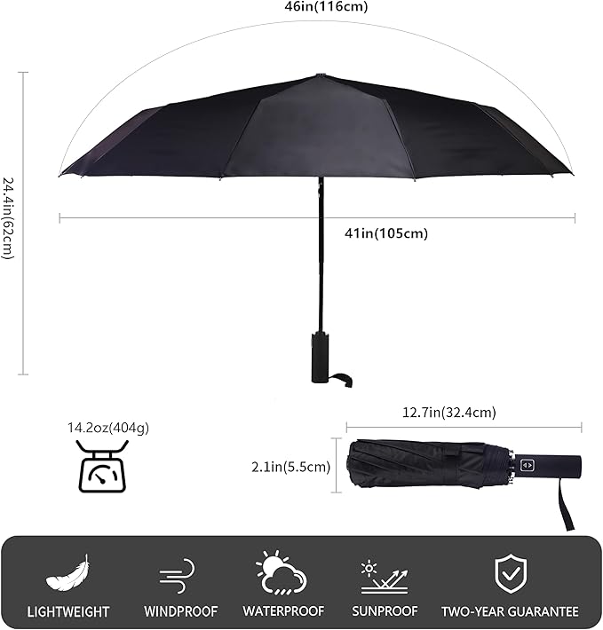 46 Inch Compact Umbrellas for Rain - Travel Small Umbrella - Automatic Folding Umbrella - Windproof Portable Umbrella, Double 10-rib