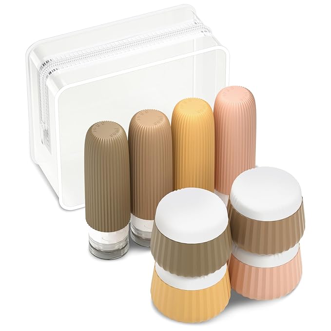 Travel Bottles 8 Pack, TSA Approved 3 oz Toiletries Containers, Leak Proof Silicone Squeezable Essentials Jars with Clear Bag